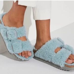 Birkenstock Papillio Arizona Big Buckle Teddy Faded Aqua Blue Teddy Sandals